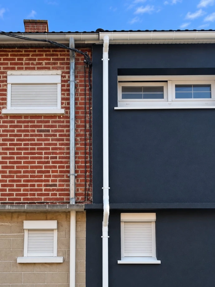Rénovation de façade d'un bâtiment avec fenêtres et porte d'entrée
